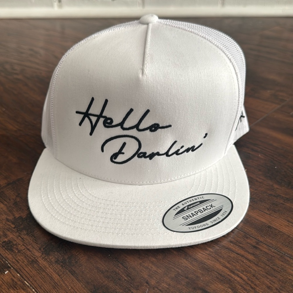 Snap Back Hat White with HELLO DARLIN’ Embroidered